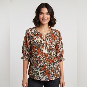 ECLAIR Cream Multicolour Floral Short Sleeve Blouse Ruffled Details Size M